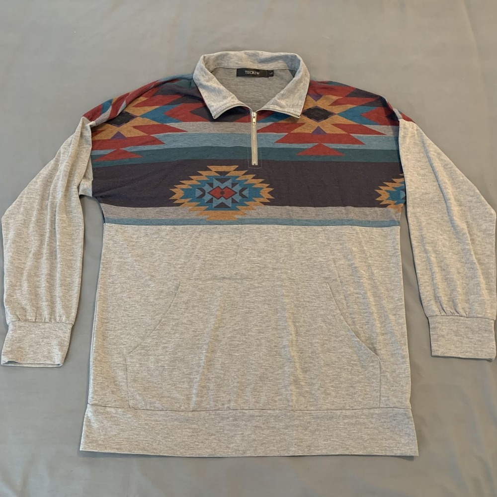 TECREW Sweatshirt Mens Large Gray 1/4 Zip Aztec Southwestern Kangaroo‎ Pocket
